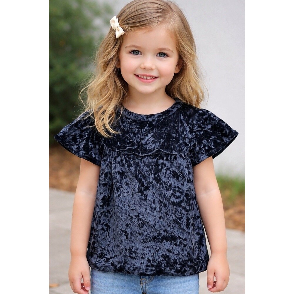 Jacadi Paris Deep Navy Velvet Top Girls 5A 110cm Flutter Sleeve Velour Shirt